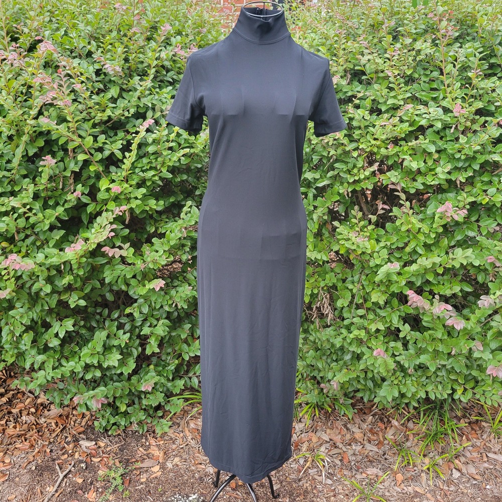 Benson Smith M Maxi Dress Black Mock Neck Short Sleeve Slit Whimsigoth Formal